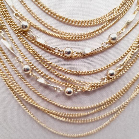 Japan Vintage 14-Strand Gold Tone Layered Necklace 15 Inch Retro - Picture 4 of 11
